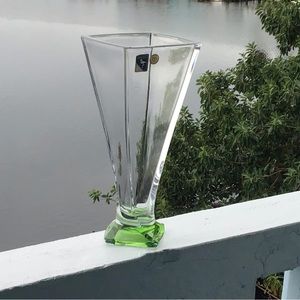 Macryl Bohemia 24% Cut Crystal Vase with Bold Lime Green Base 11” Tall